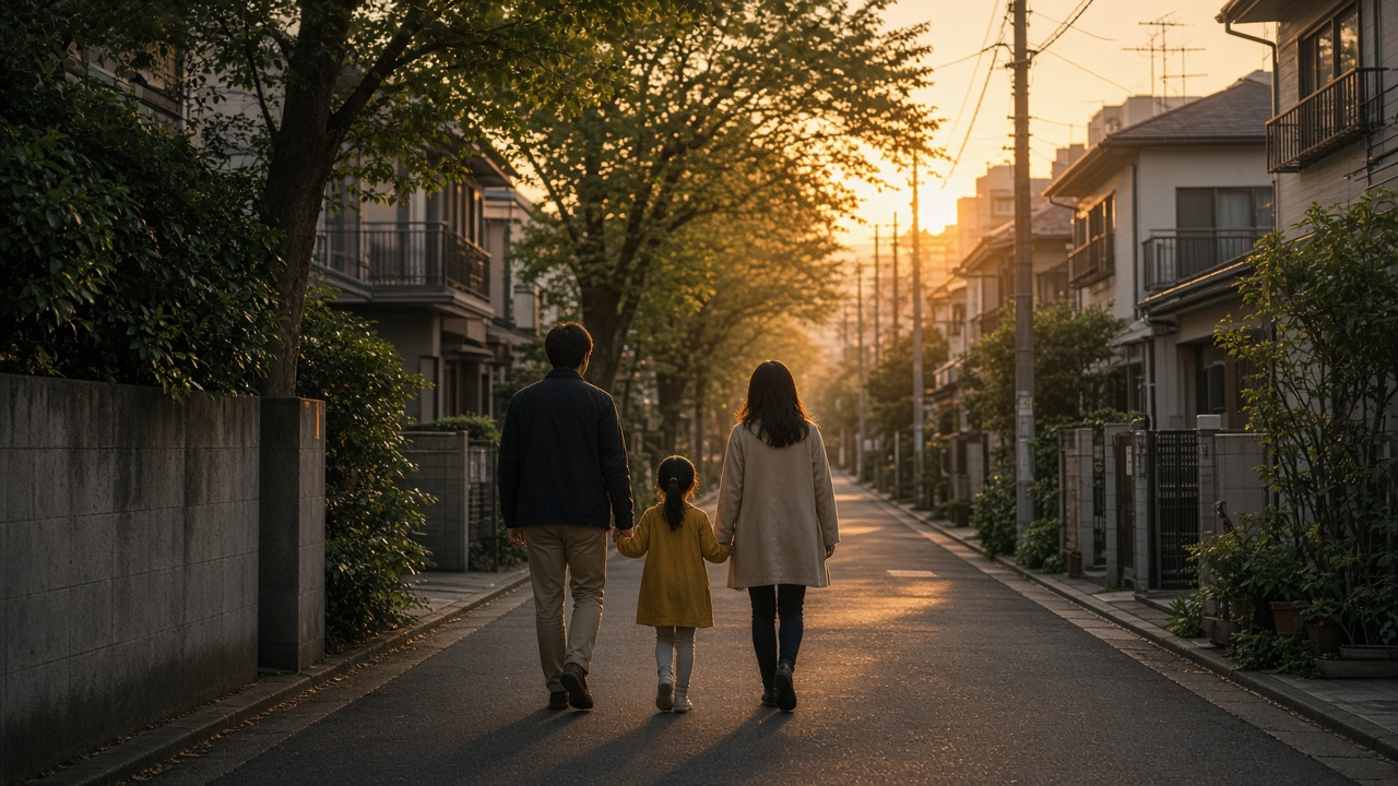 A family walking in a residential street